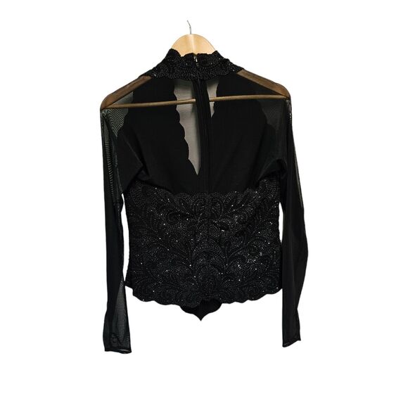 Vintage LILLIE‎ RUBIN Beaded Blouse V Neck Mesh Long Sleeve Corset Top LARGE - Picture 3 of 7